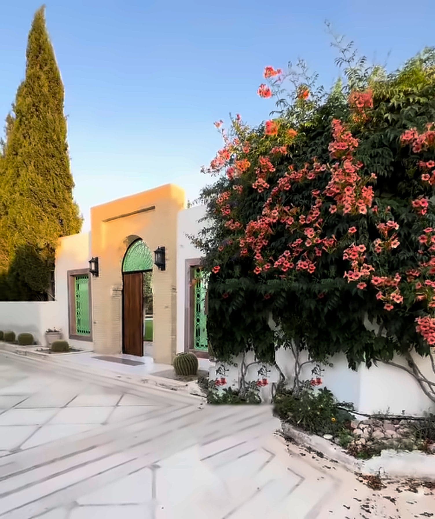 The arched entrance to La Maison des Oliviers, framed by trumpet vine